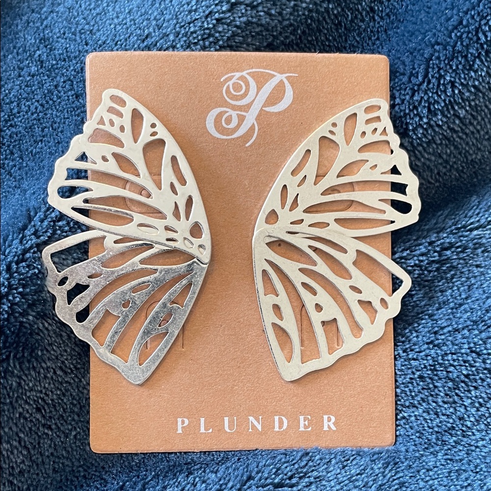 Plunder Metall Butterfly Wing Earrings in Silver-Tone NEW